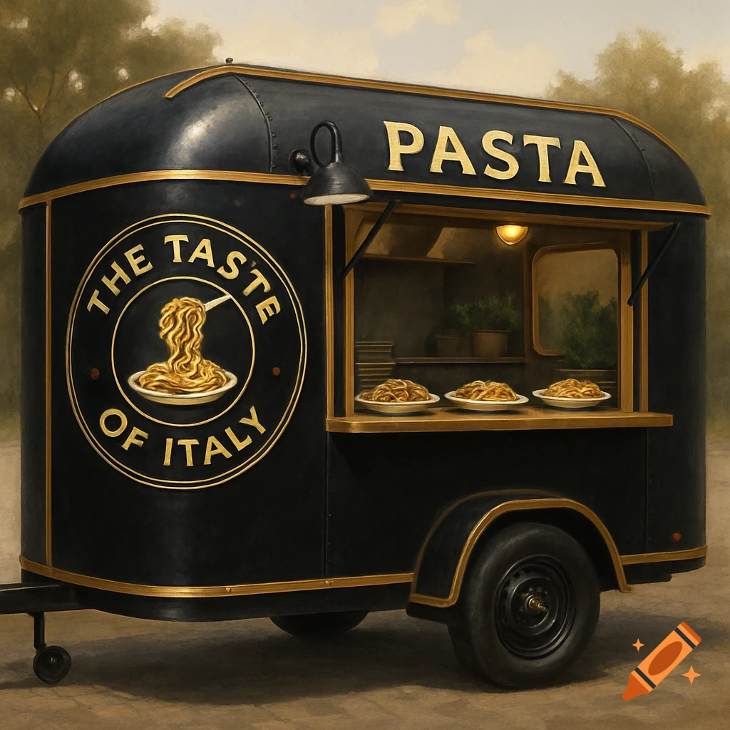 A sleek black and gold pasta food truck with 'PASTA' on top and a 'The Taste of Italy' logo featuring pasta, parked outdoors.