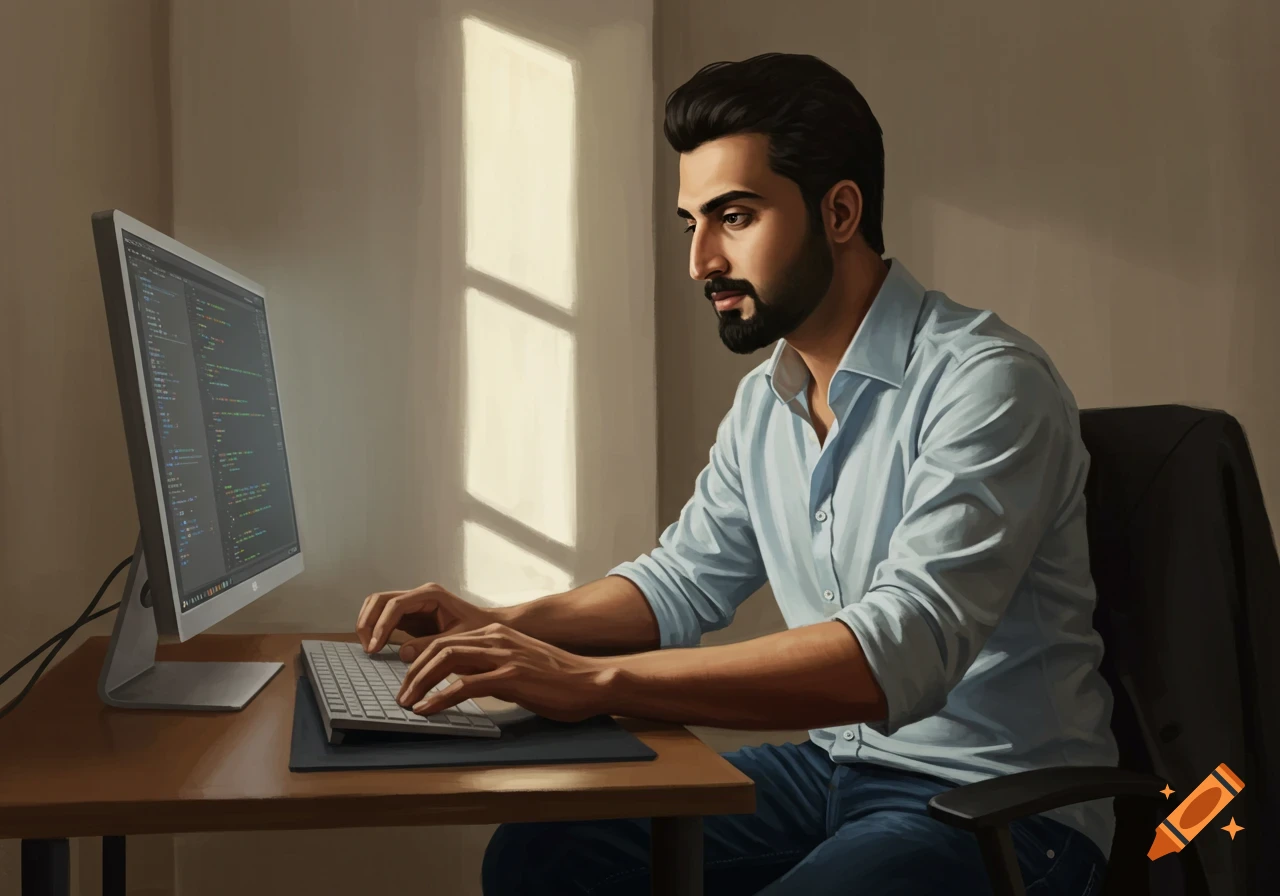 A digitally painted man with dark hair and beard sitting at a desk, typing on a keyboard while looking at code on a computer monitor.