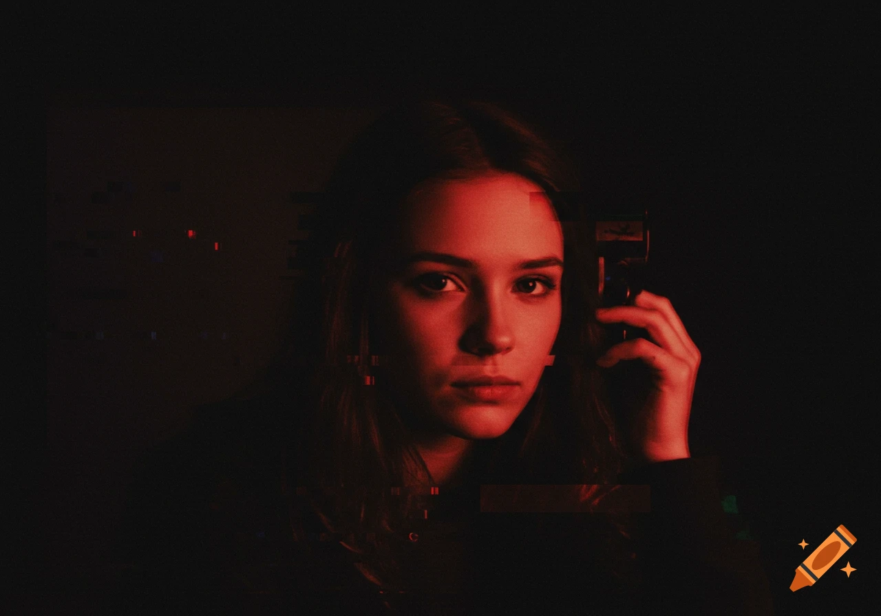 A young woman's face is illuminated by red light in a dark room, with digital glitch artifacts across the image as she holds a black device near her ear.