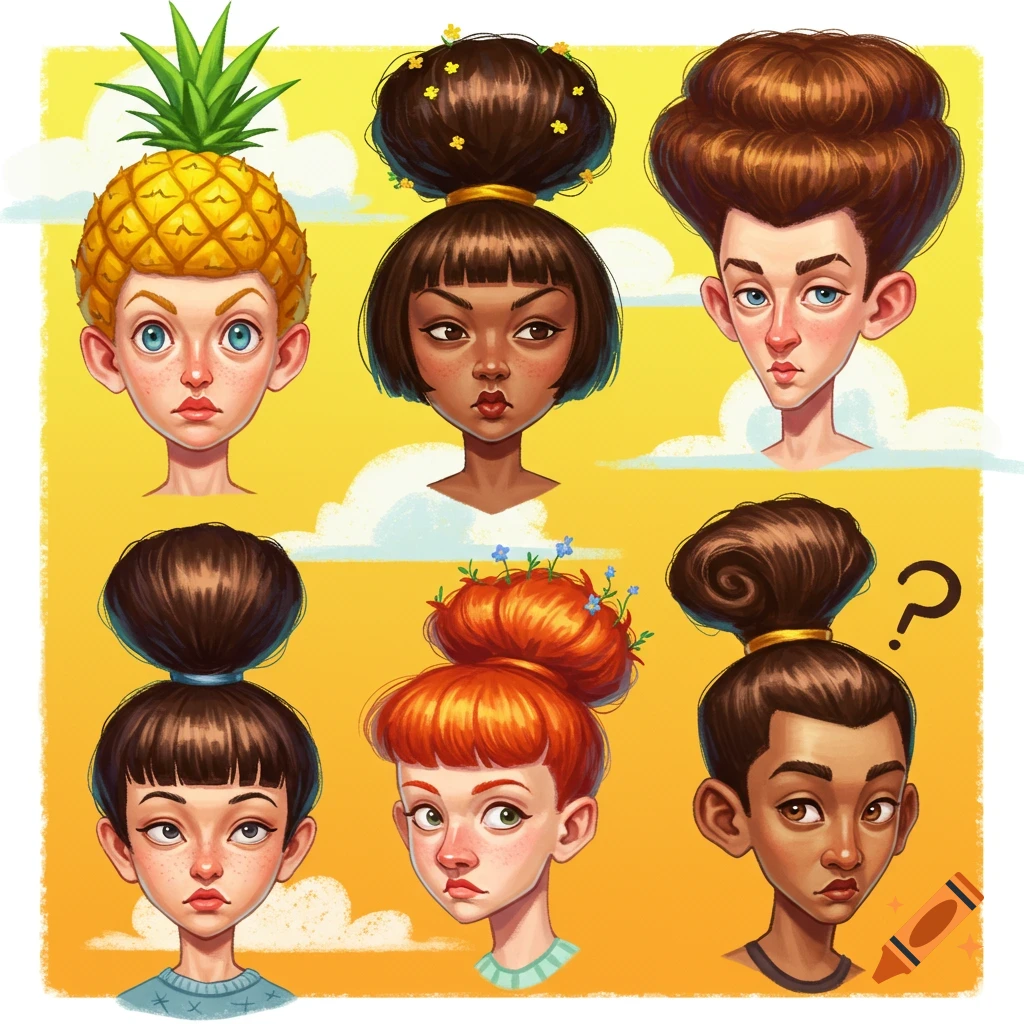 A colorful illustration featuring six stylized cartoon portraits of people with various funny and unique hairstyles against a yellow background with clouds.
