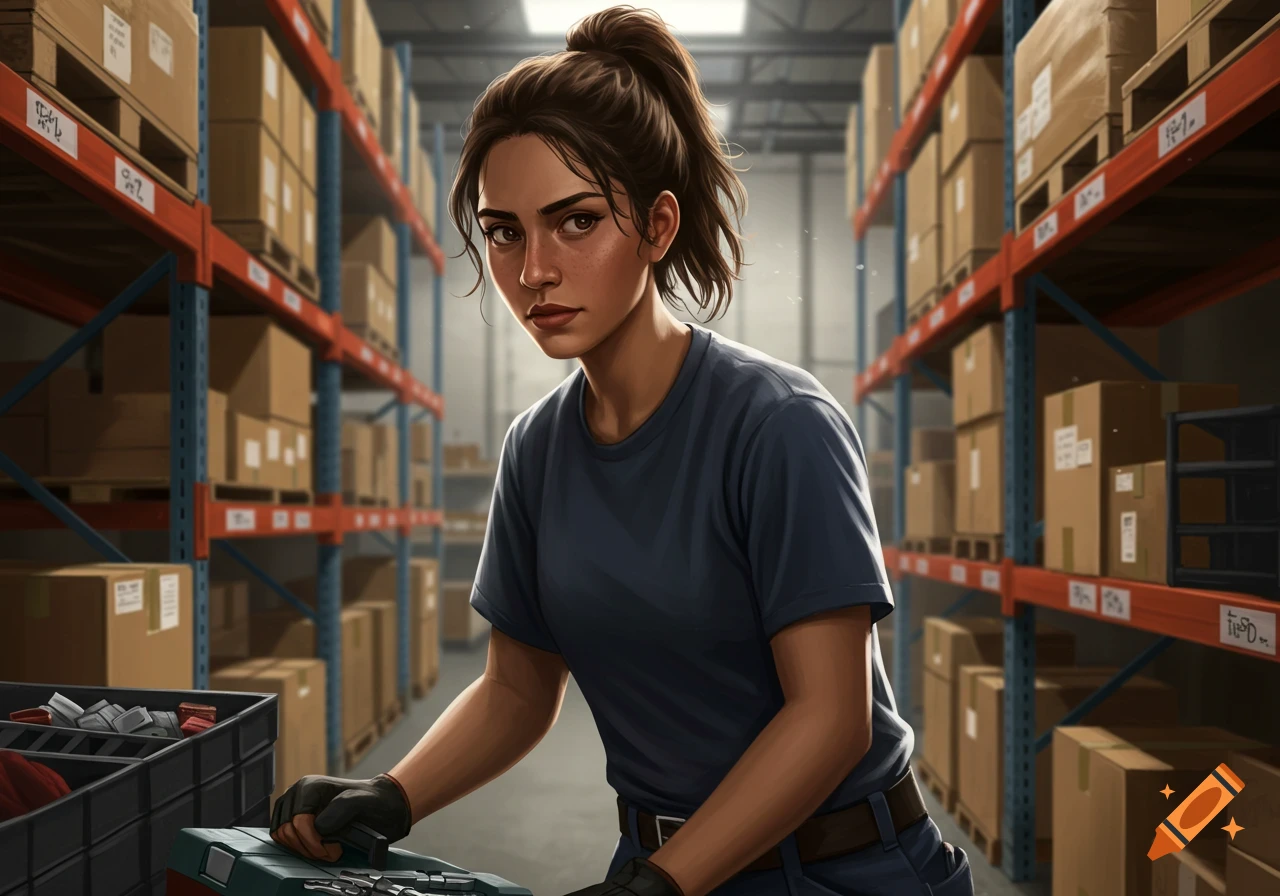 A young woman in a blue t-shirt and gloves works in a warehouse, holding a toolbox amidst shelves of boxes, in a digital art style.