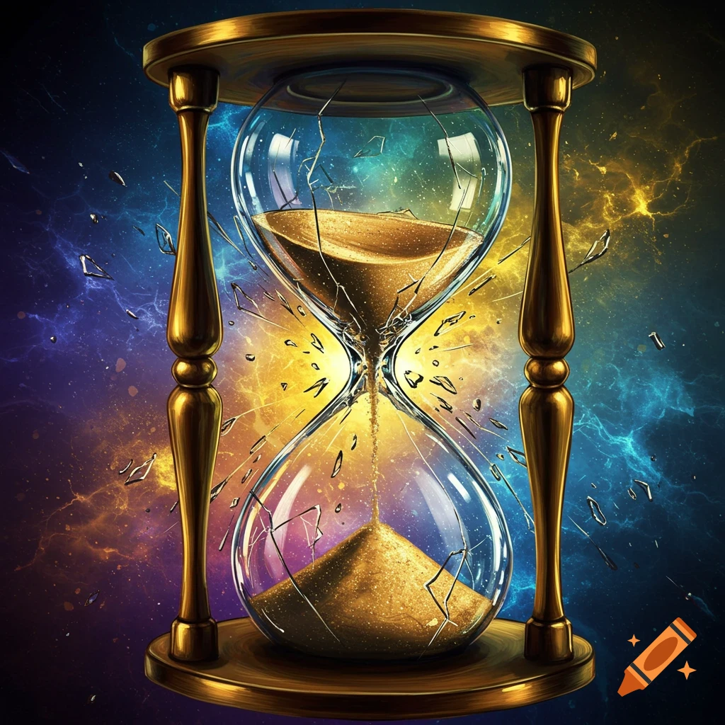 A golden hourglass with a broken glass bulb, sand pouring through, set against a vibrant cosmic background of blue, purple, and yellow nebulae.