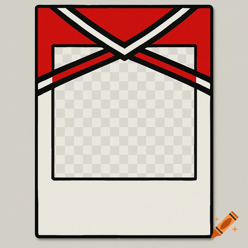 A stylized Polaroid picture frame with a transparent center, featuring red, white, and black bold geometric stripes inspired by a cheerleading uniform.