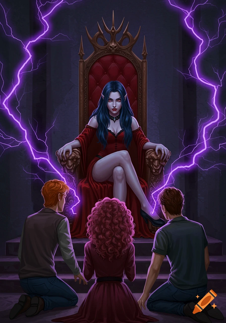 A vampire witch with blue-black hair and red dress sits on a throne, surrounded by purple lightning, as three people kneel before her in a dark chamber. Digital fantasy art.