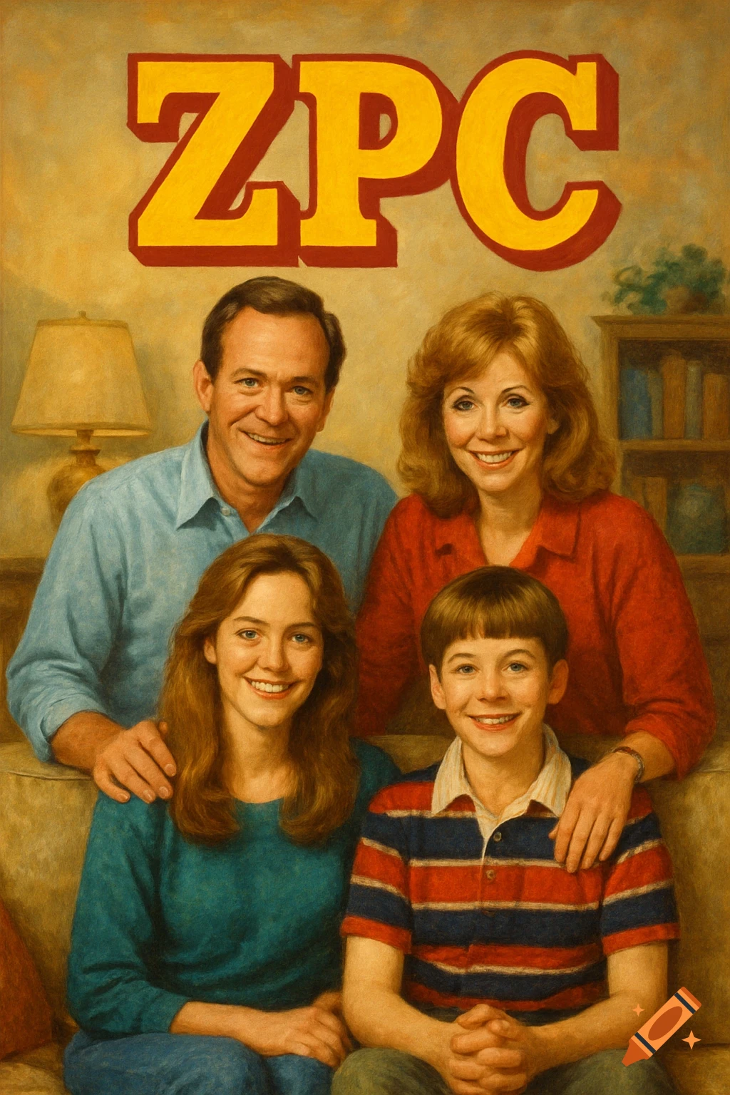 A painted portrait of a smiling family, two adults and two children, sitting on a couch. The title 'ZPC' is above them, in an 80s TV sitcom style.