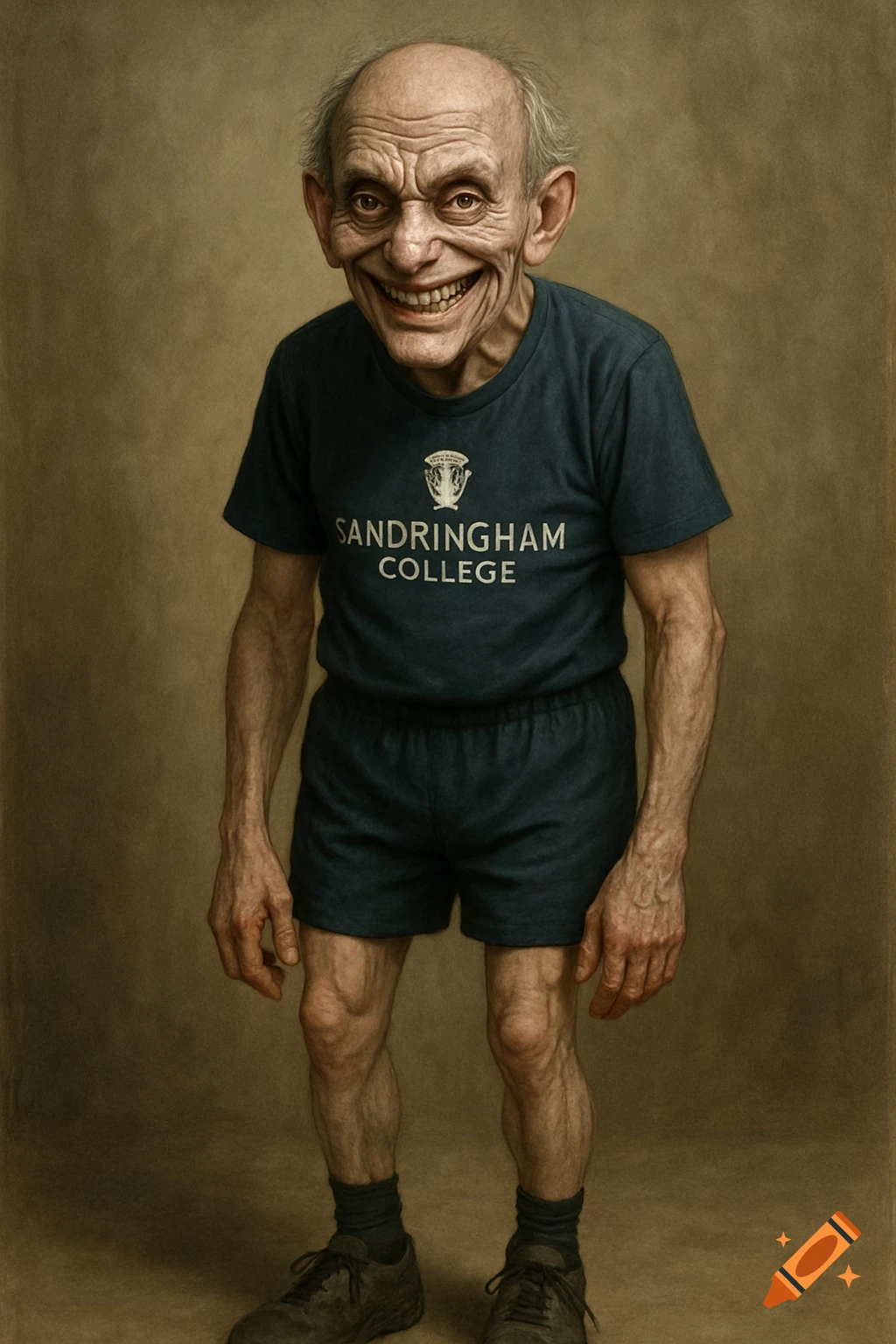 A full-body portrait of an old, bald man with a large, creepy smile, wearing a dark blue t-shirt with "SANDRINGHAM COLLEGE" and shorts, standing against a brown background.