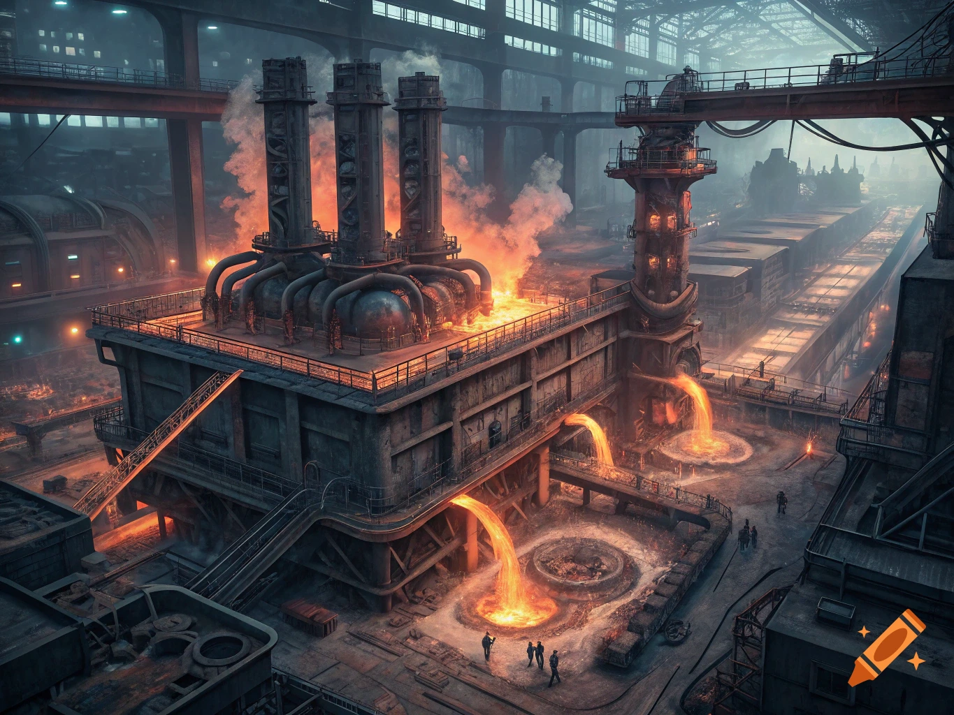 A wide-angle view of a vast, dark industrial foundry with glowing molten metal pouring into pits, featuring immense structures, pipes, and small figures. Photorealistic, cinematic lighting.