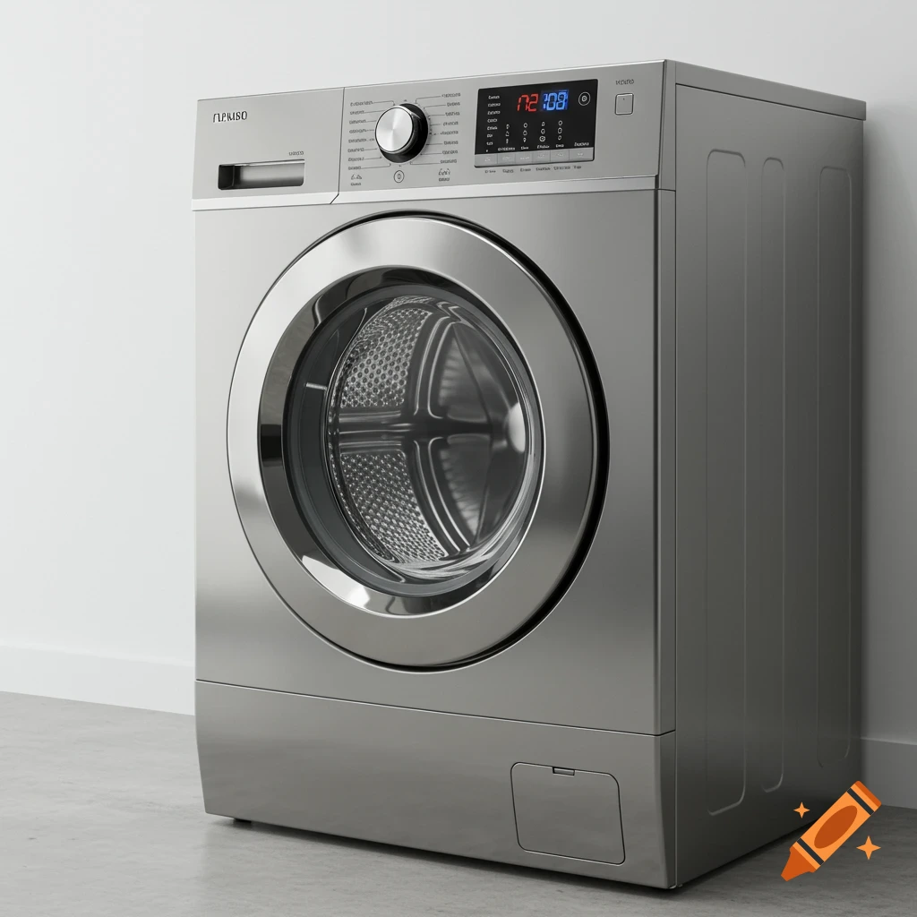 Photorealistic stainless steel washing machine with a digital display and control panel.