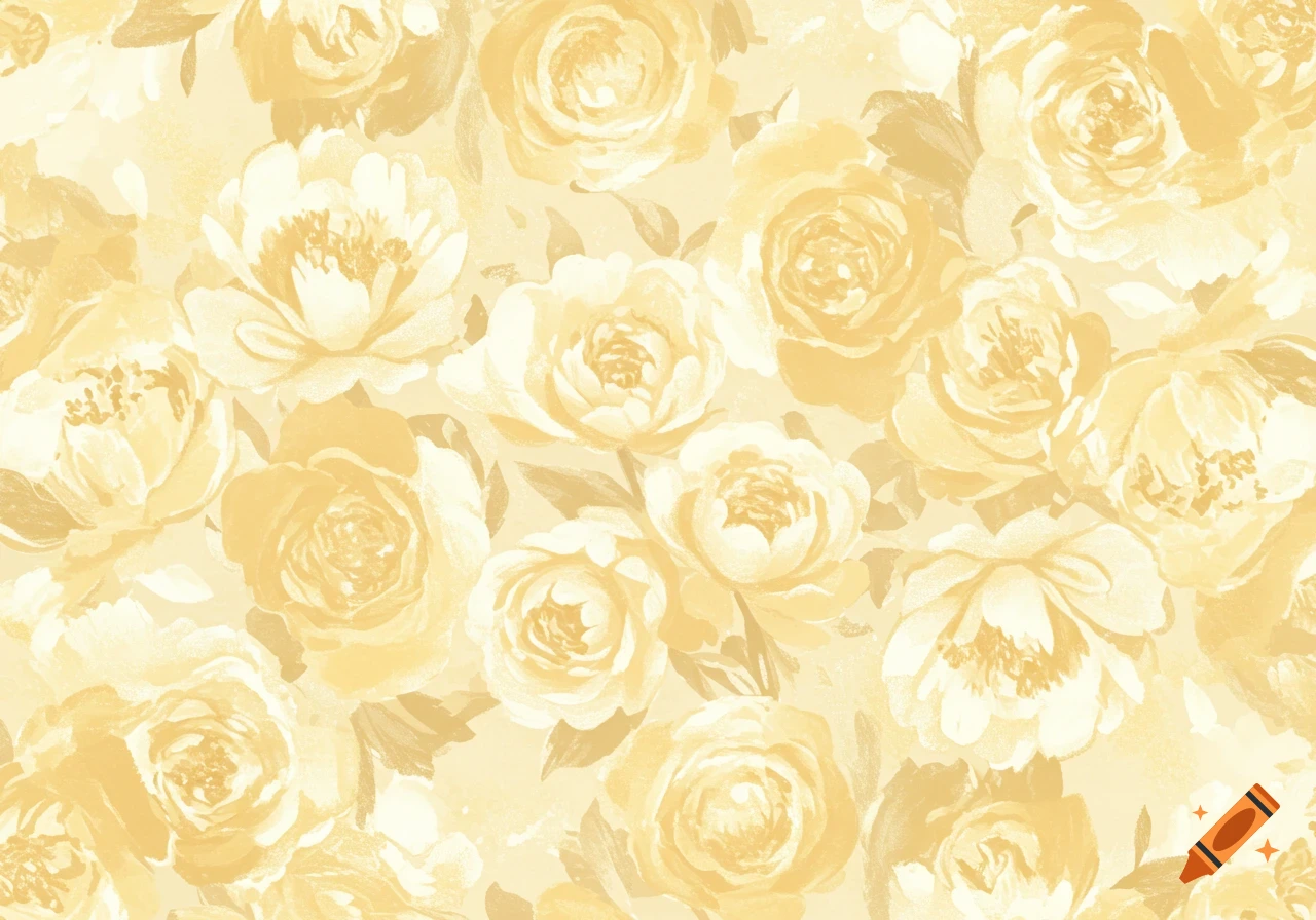 A seamless watercolor pattern of pale yellow roses and peonies on a lighter yellow background.