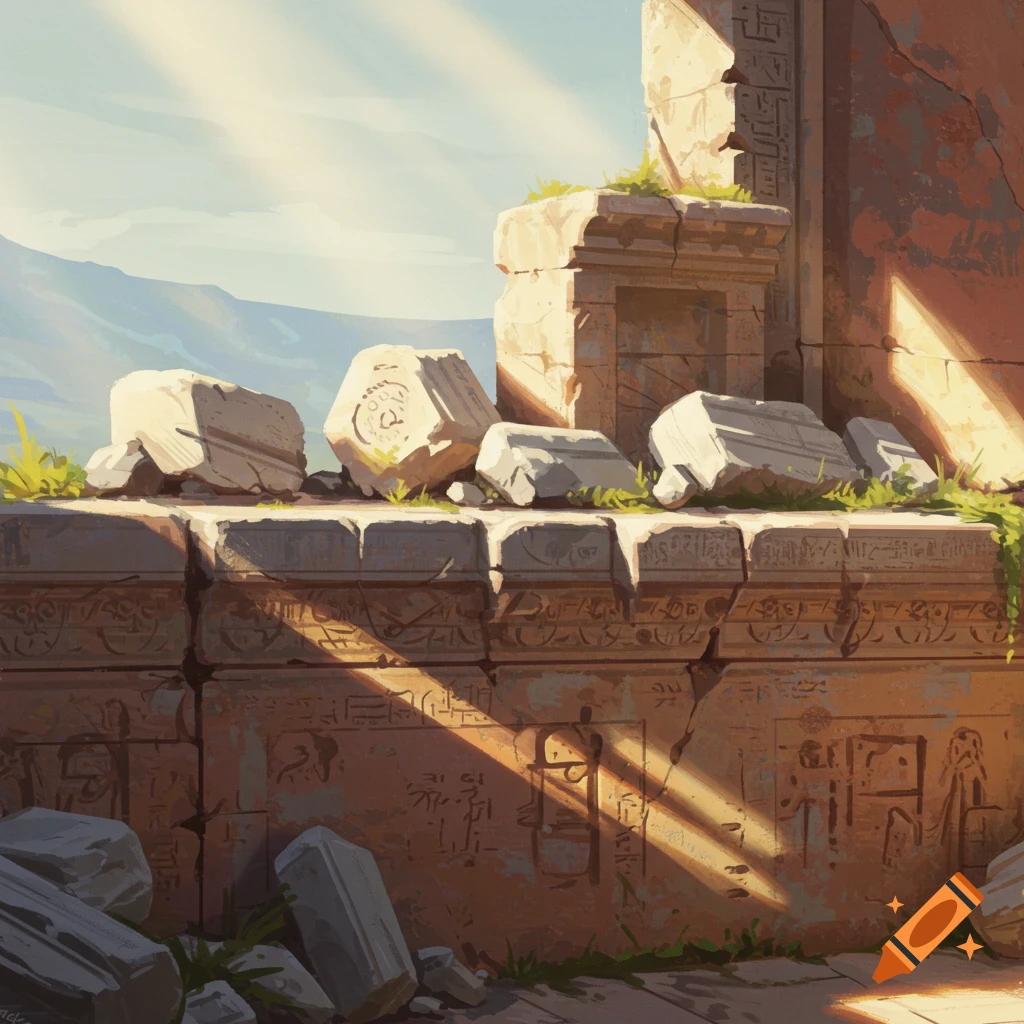 Sunlit ancient ruins with carved stone blocks and a mountainous background.