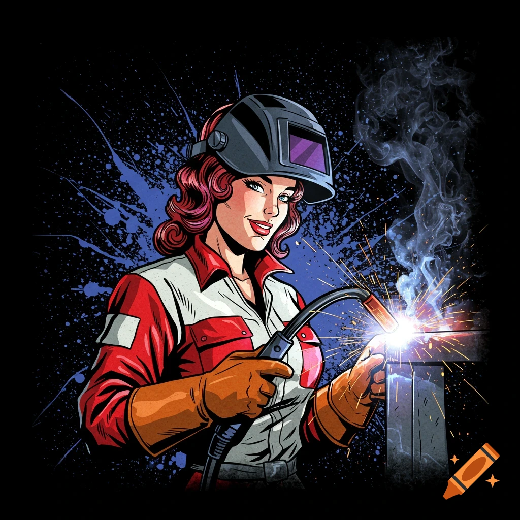 Pop art illustration of a woman welder in a red and white uniform, wearing a helmet and welding sparks on a black background with blue splatters.