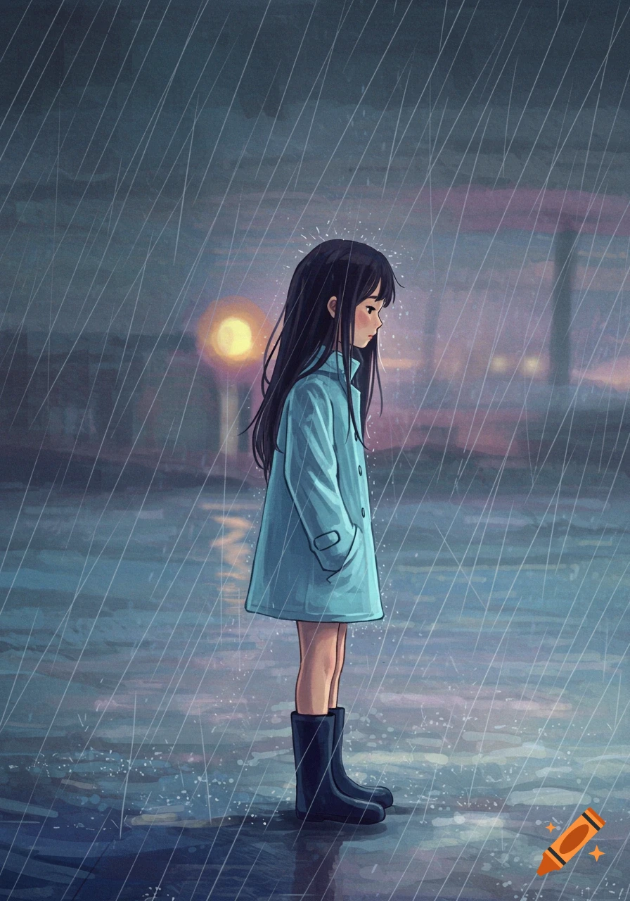A young girl with long dark hair, wearing a light blue coat and black boots, stands alone in the pouring rain at dusk.