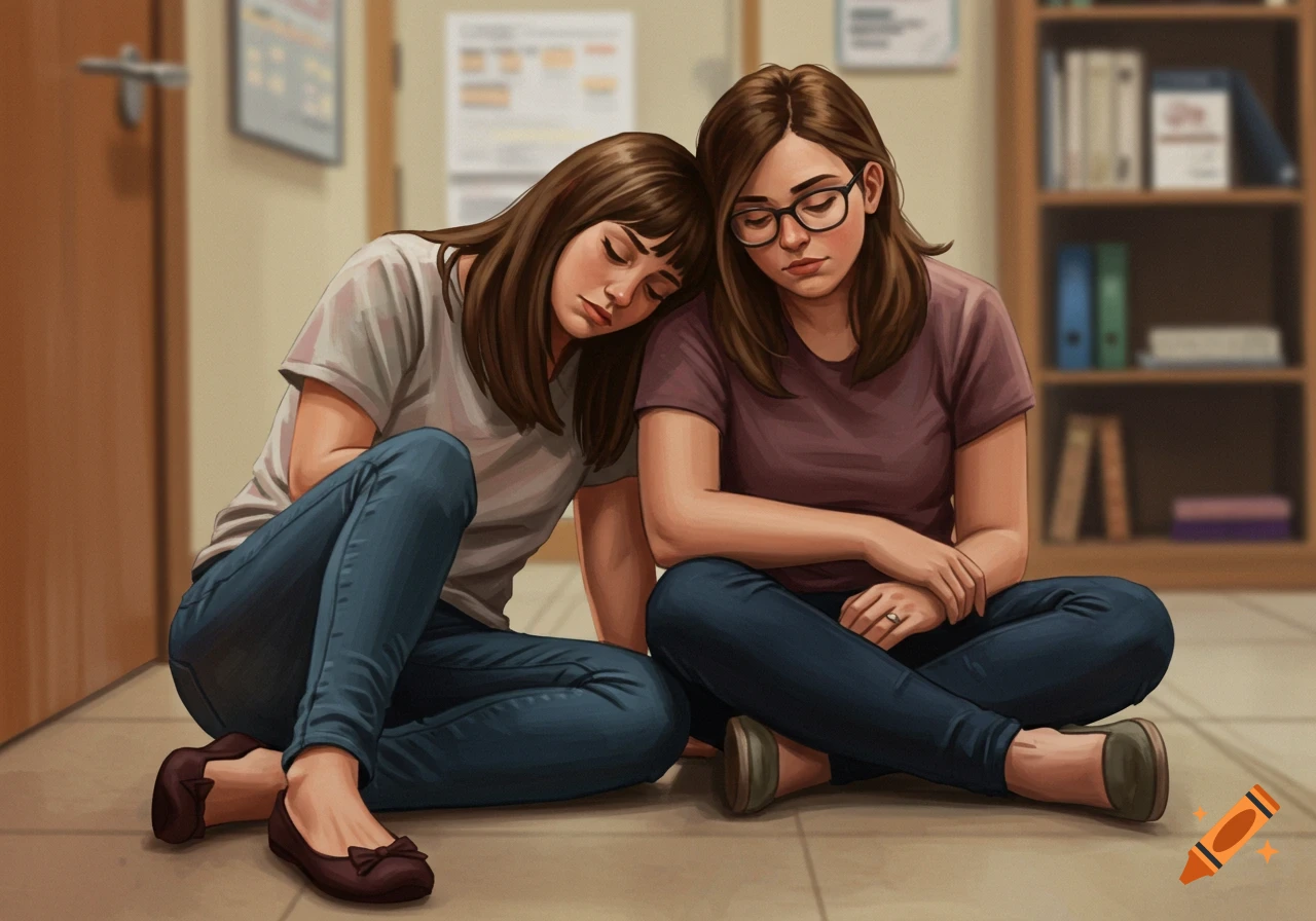 Two young women, appearing exhausted, sitting on the floor leaning on each other in an illustrative style.