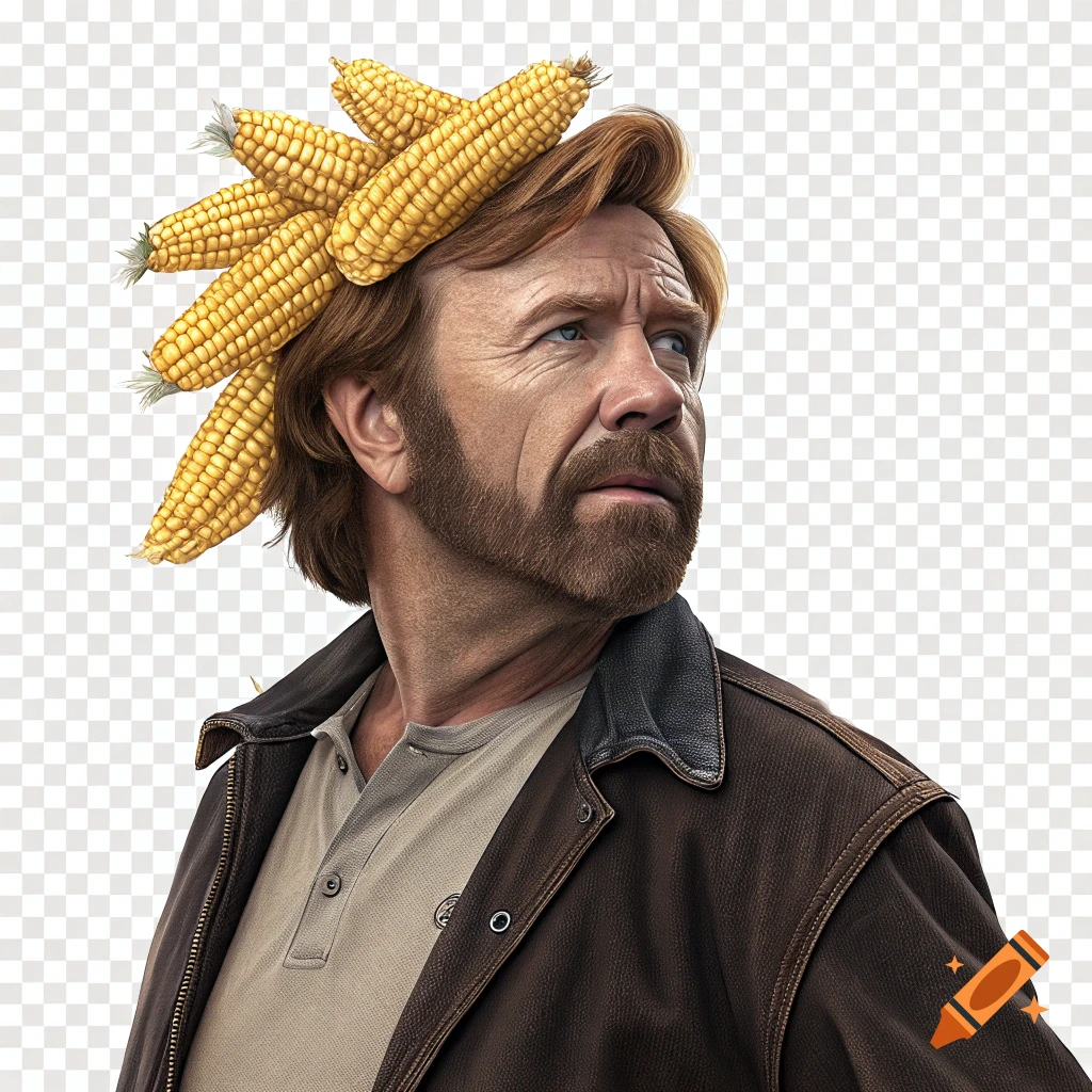 Photorealistic Chuck Norris with ears of corn on his head like hair, looking to the side on a transparent background.