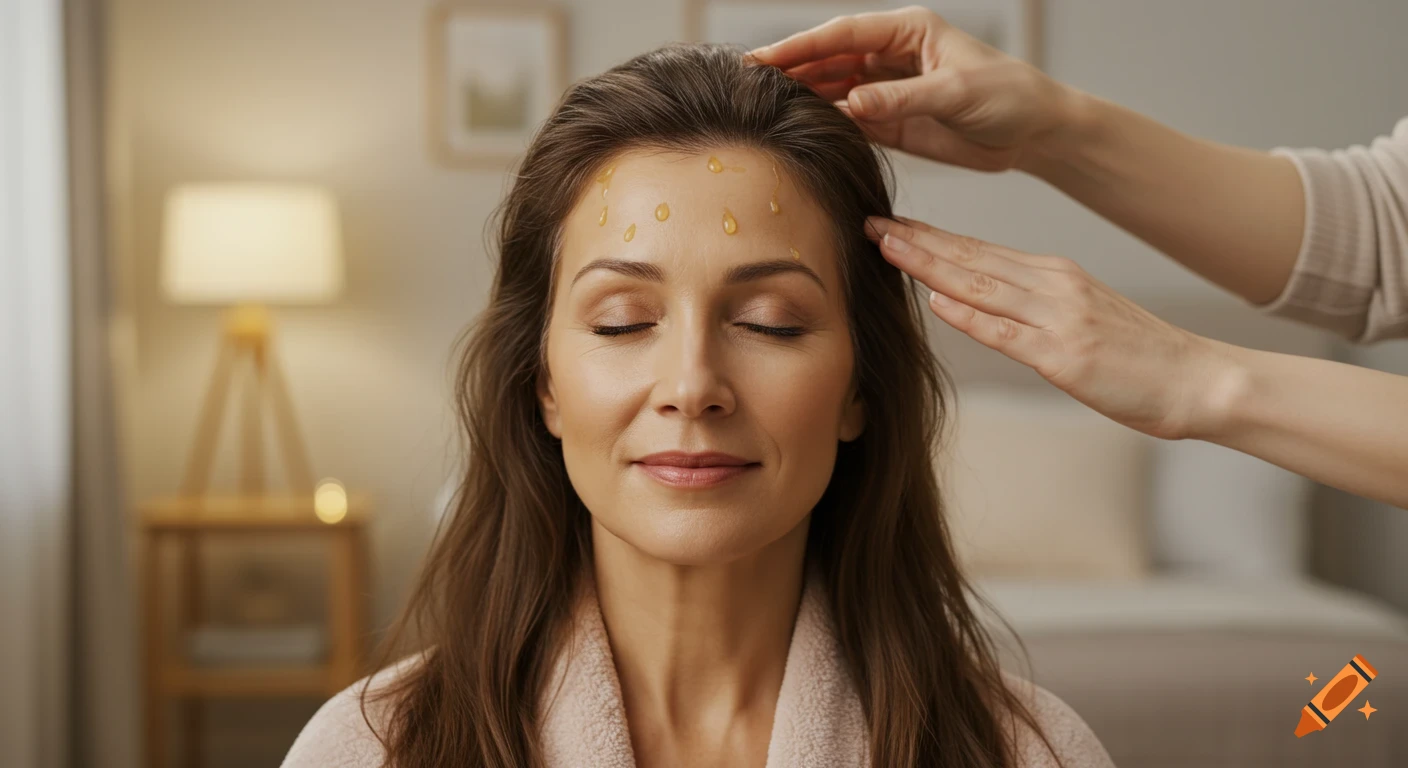 Woman with closed eyes in a bathrobe receiving an oil scalp massage, photorealistic.