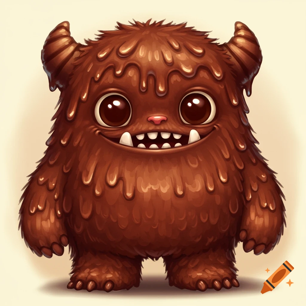 A cute, furry, brown monster with melting chocolate dripping from its body, large eyes, and a happy smile.