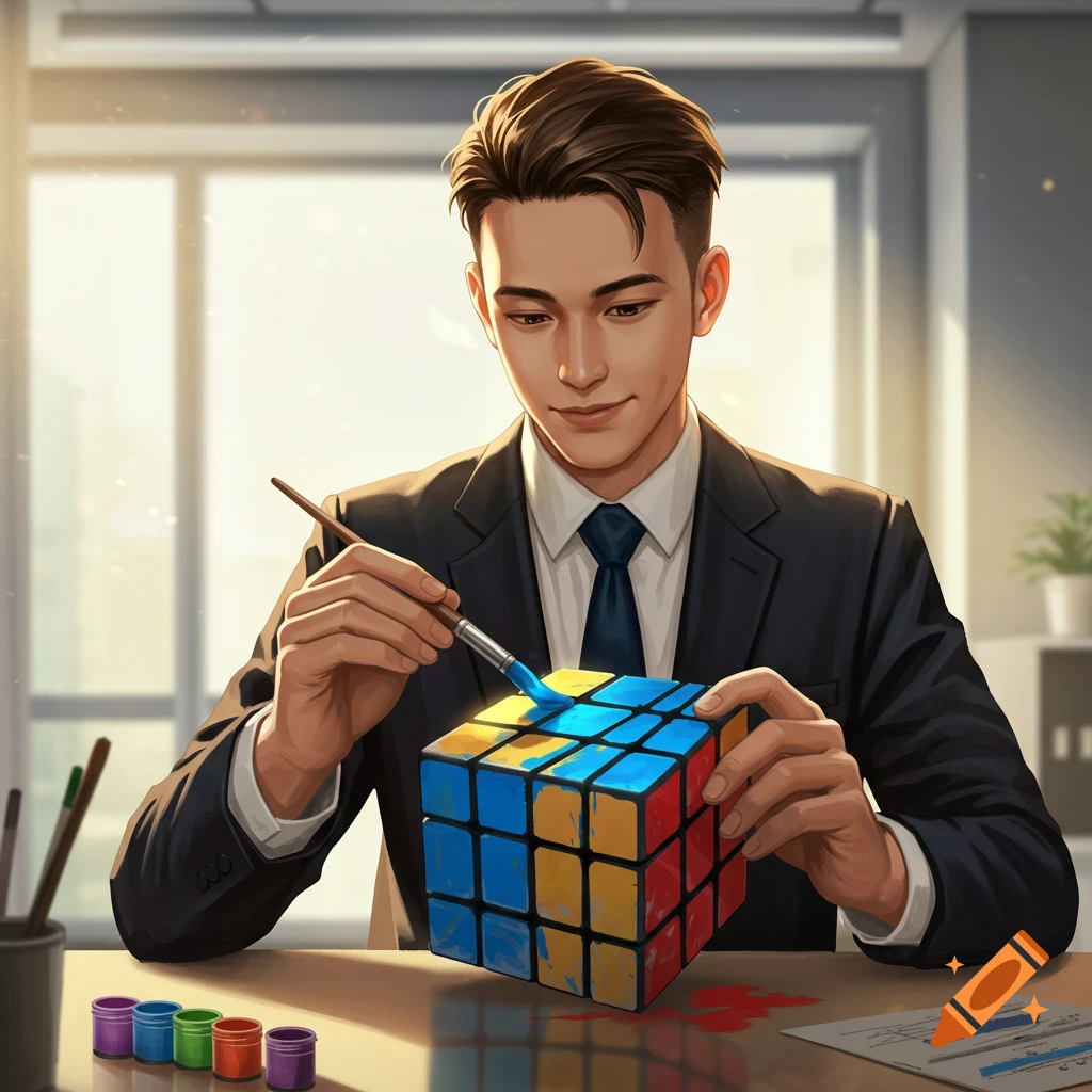 A man in a suit carefully paints the squares of a Rubik's cube on a desk in an office.