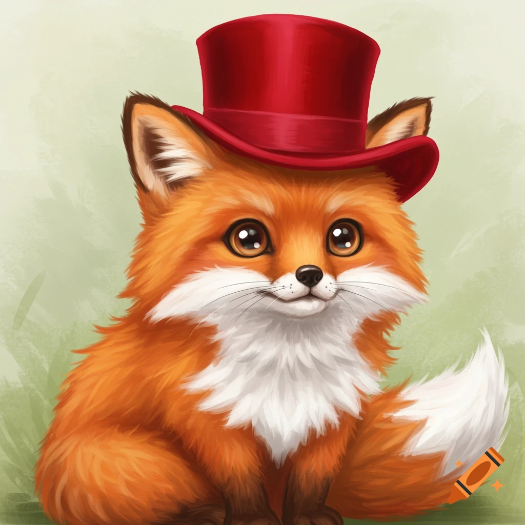 A cute, fluffy orange fox wearing a red top hat, with big brown eyes, against a soft green background in a charming illustration style.