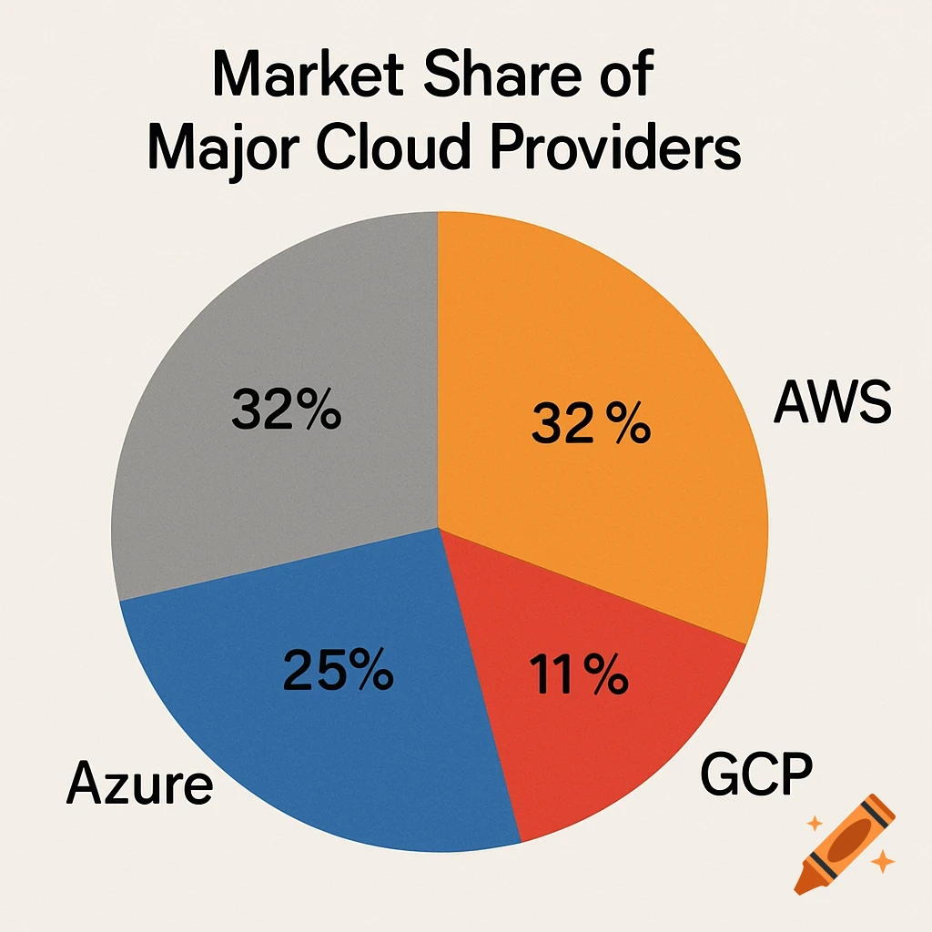 A pie chart showing cloud provider market shares: AWS (32%), Azure (25%), GCP (11%), and another category (32%).