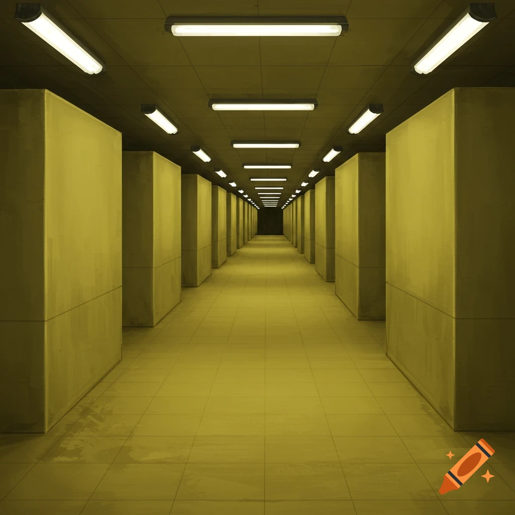 A long, empty, yellow-green tiled hallway with fluorescent lights receding into darkness, typical of the Backrooms aesthetic.