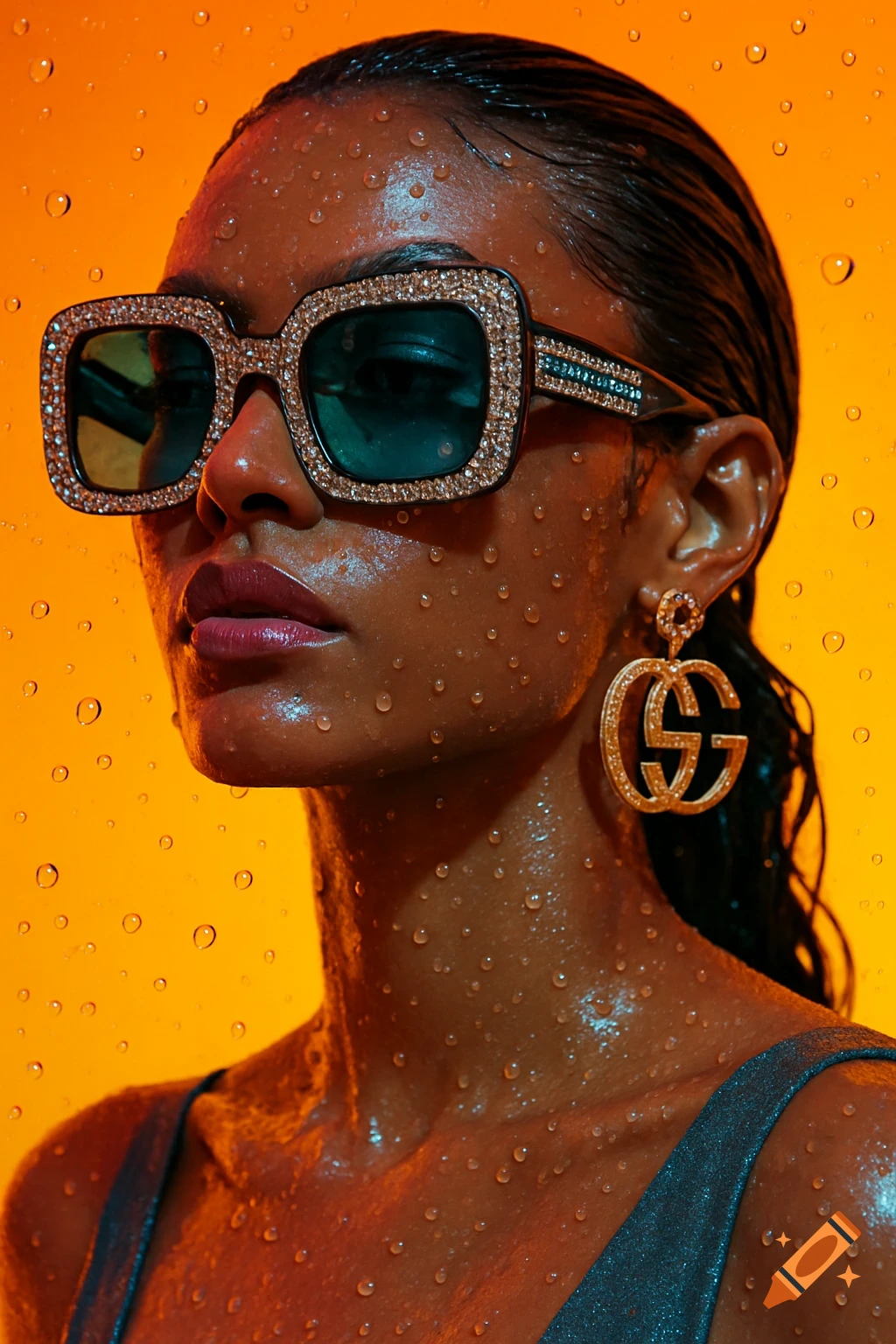 Close-up portrait of a woman with water droplets on her skin, wearing jeweled sunglasses and large GG monogram earrings against an orange and yellow background.