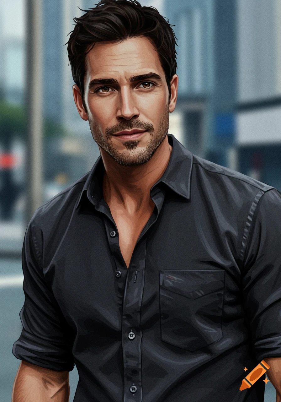 A handsome man with dark hair and a beard, wearing a black shirt, stands in an urban setting looking at the viewer.
