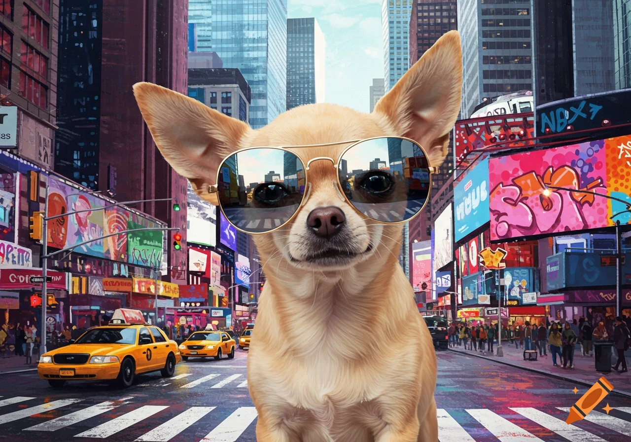 A chihuahua wearing aviator sunglasses stands in a bustling New York City street with yellow taxis and tall buildings.