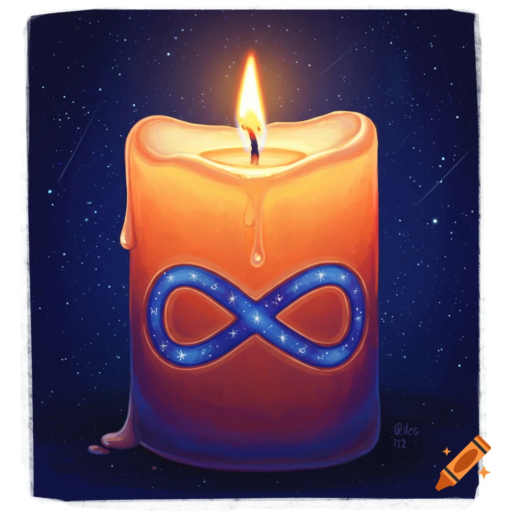 An illuminated orange candle with an glowing blue infinity symbol on its side, set against a dark starry night sky.