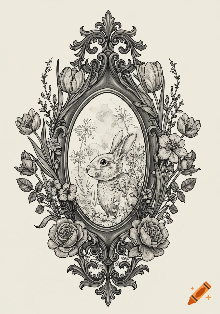 Black and white illustration of a rabbit in an oval gothic frame ...