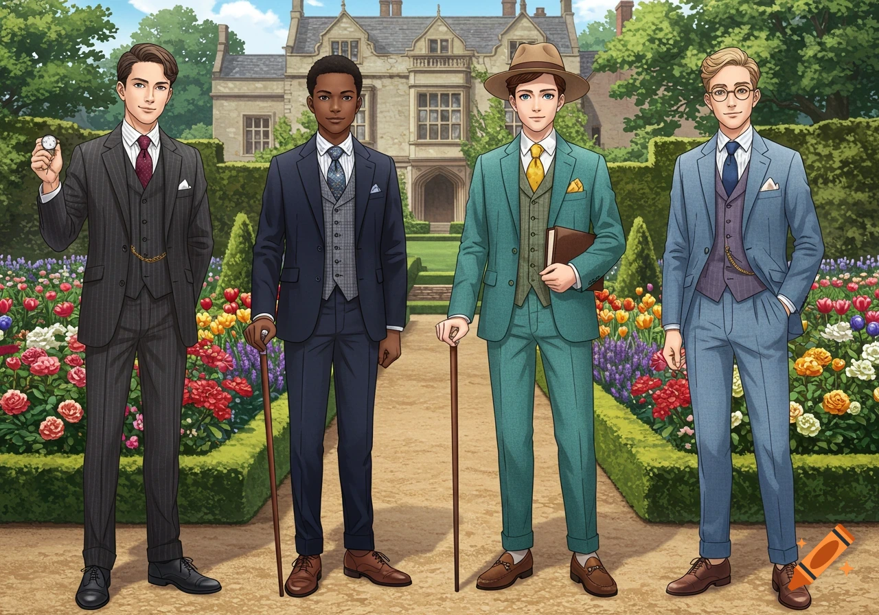 Four well-dressed male anime characters pose in an English garden with vibrant flowers and a stately manor house.