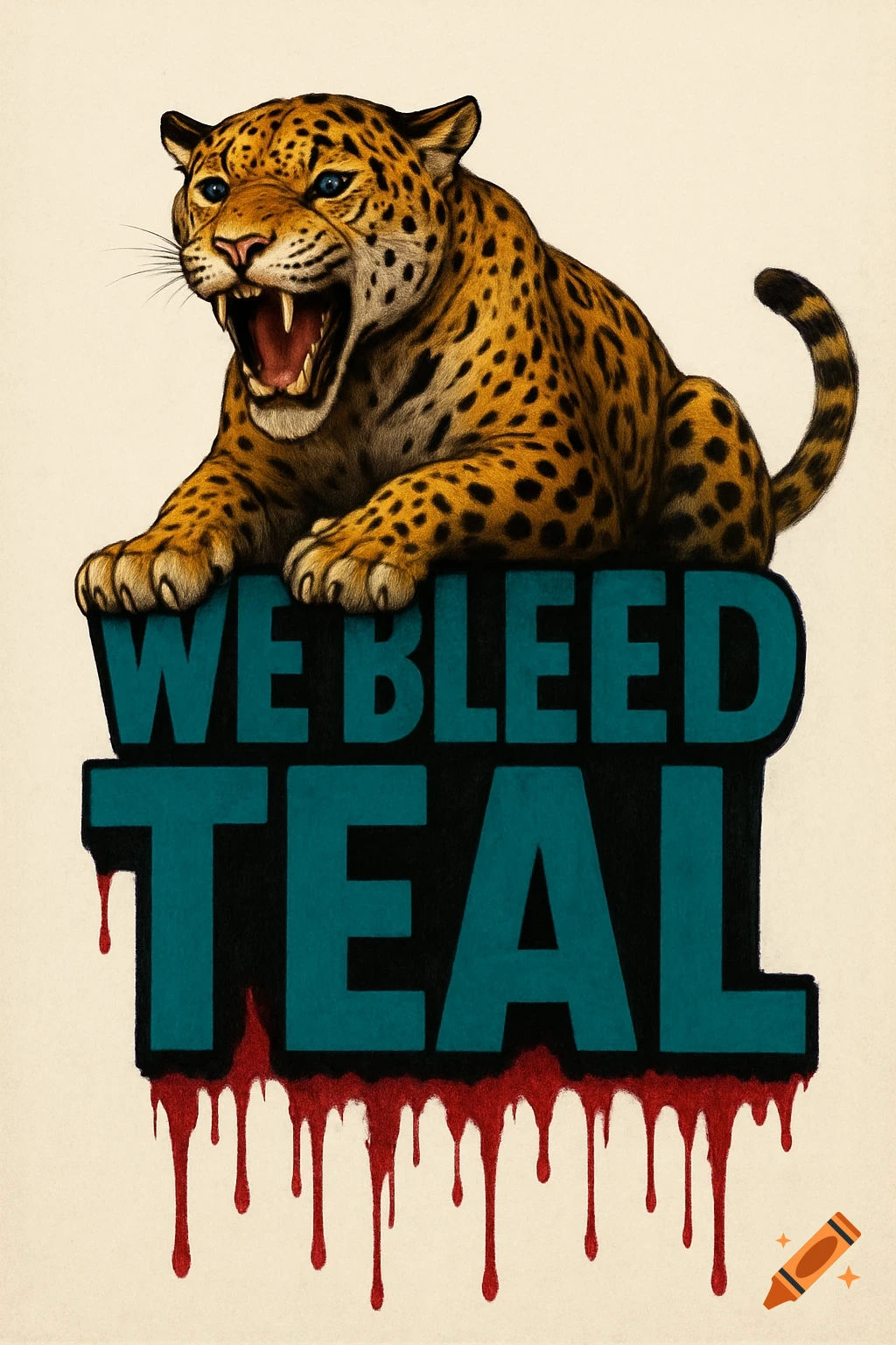 A snarling jaguar animal with blue eyes rests its paws on teal block letters that read "WE BLEED TEAL," with red drips resembling blood below.