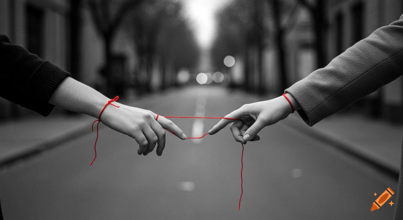 Black and white photo of two arms with a red string tied to their fingers, stretching taut across a blurred street.