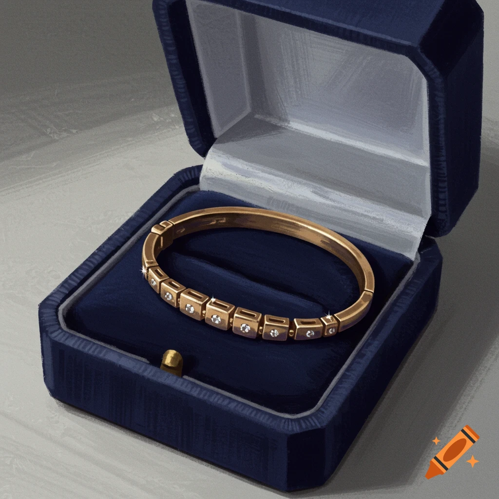 A gold bracelet with square diamonds rests in an open navy blue velvet jewelry box, depicted in a digital painting style.