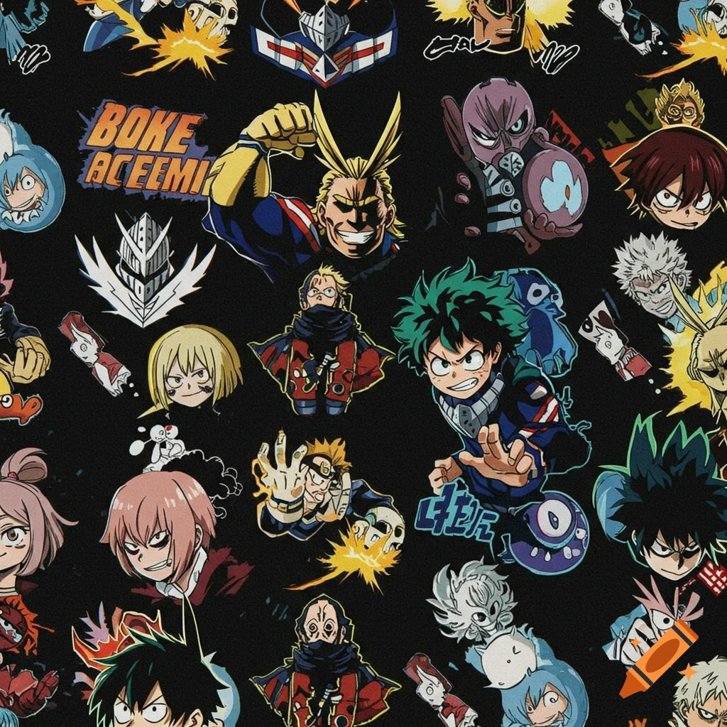 A black background with a pattern of various colorful anime characters from My Hero Academia, including Deku and All Might.