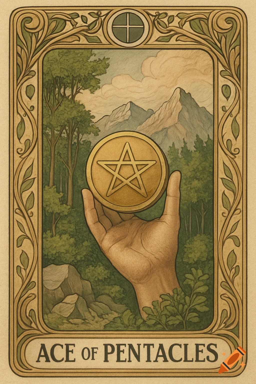 A tarot card titled 'ACE OF PENTACLES' featuring a hand holding a golden pentagram coin amidst a natural landscape with an art nouveau border.