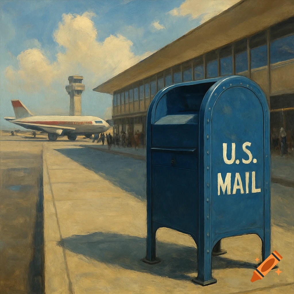 A blue U.S. Mail dropbox in the foreground of an airport scene with a parked airplane and control tower under a cloudy sky, painted in an oil style.
