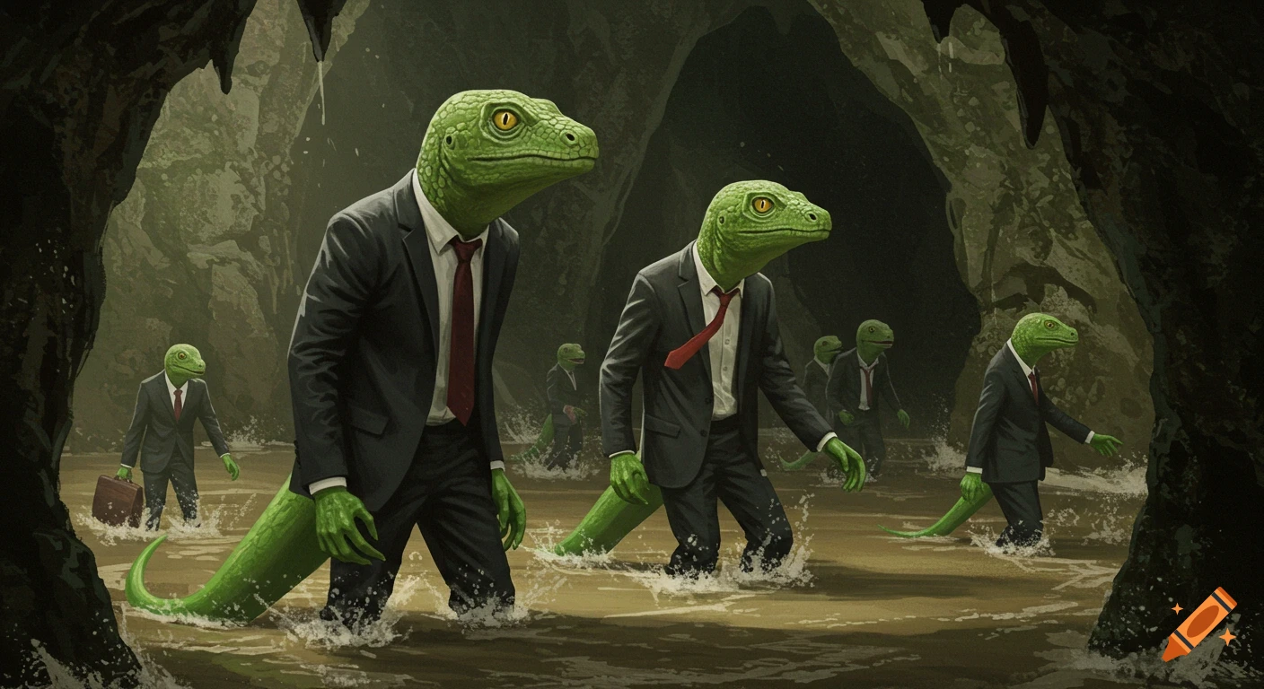 Green lizard-humanoids in suits wade through a flooded cave, appearing to struggle.