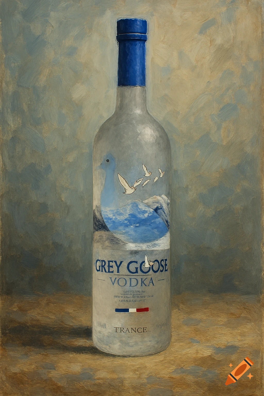 A painting of a Grey Goose Vodka bottle with a blue cap and label featuring a goose silhouette and a French flag, set against a textured background.