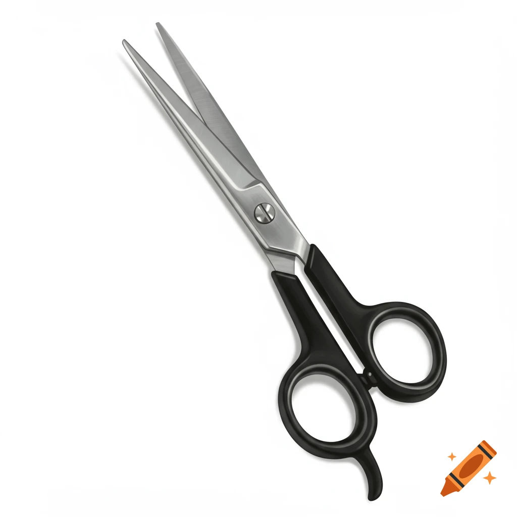 A photorealistic pair of open silver and black scissors on a white background.