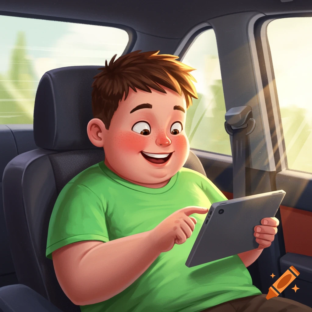 A happy cartoon boy with brown hair and a green t-shirt sitting in a car, smiling and looking at a tablet.