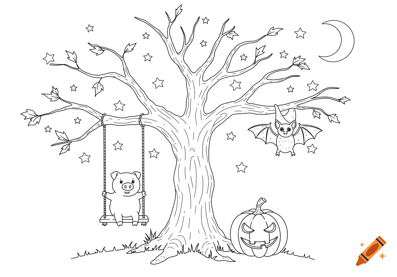 A black and white coloring page outline depicting a pig on a swing hanging from a tree, with a bat, a jack-o-lantern, and a night sky with stars and a crescent moon.