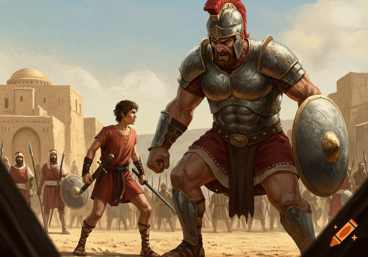 A young David confronts a giant armored Goliath in a dramatic biblical scene set in an ancient desert city, painted style.