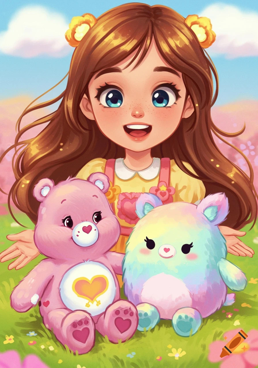 A smiling cartoon girl with brown hair sits in a field with a pink Care Bear and a pastel rainbow plush toy, under a blue sky.