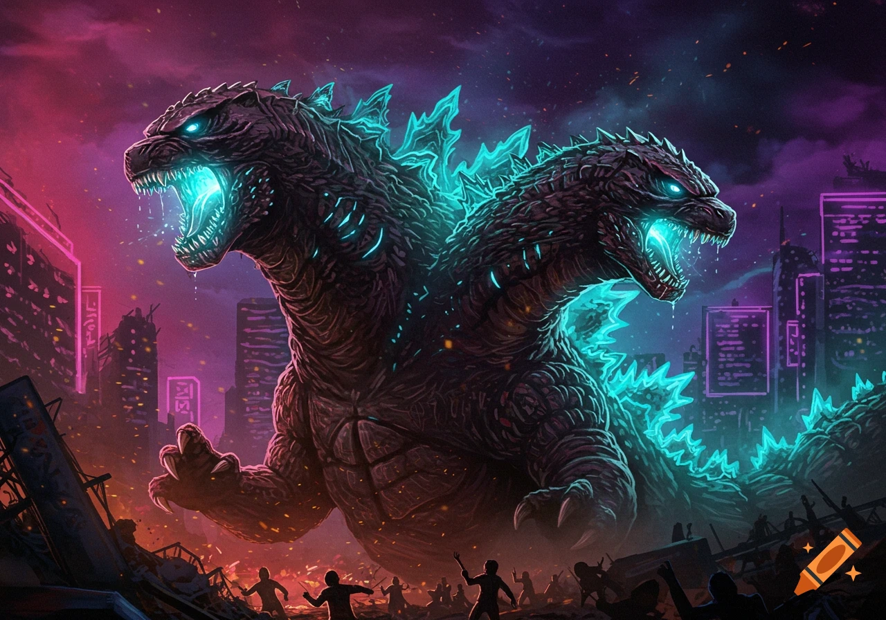 A colossal two-headed, glowing blue monster resembling Godzilla stands in a destroyed, neon-lit city with tiny fleeing figures.