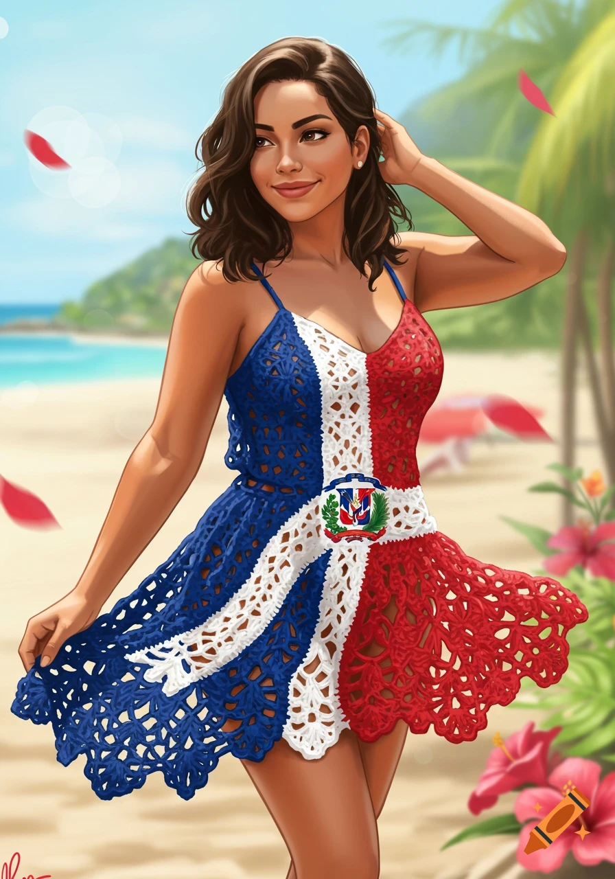 A smiling woman in a blue, white, and red crochet summer dress with a Dominican Republic emblem on a tropical beach.