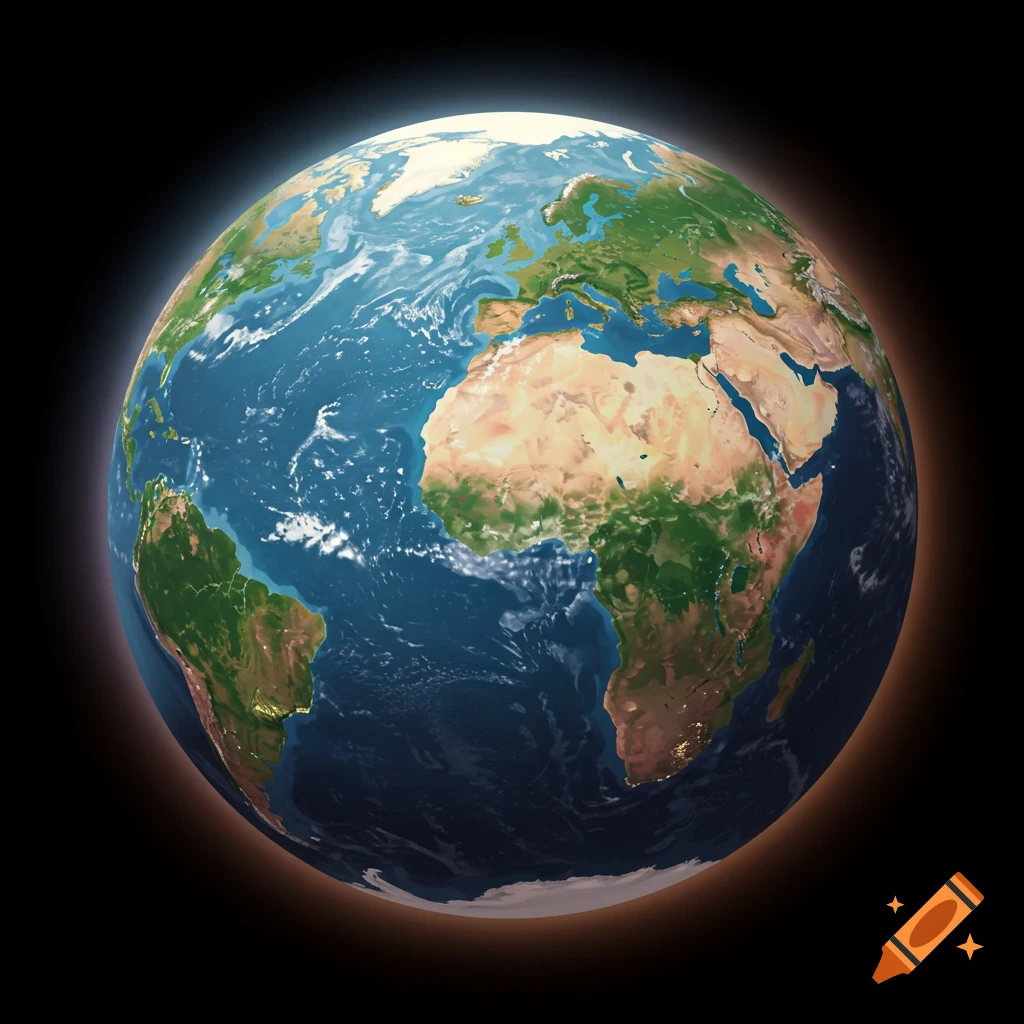 A detailed, photorealistic view of planet Earth from space, showing continents, oceans, and clouds with a subtle equatorial bulge.