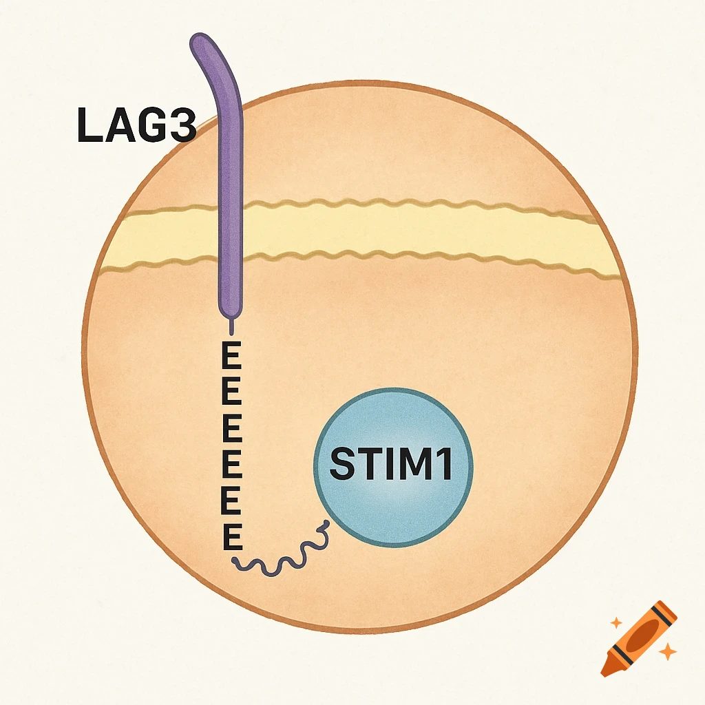 A simplified biological diagram shows a large orange cell with a purple transmembrane protein labeled LAG3, which has a chain of ten 'E's extending inwards. A blue circle labeled STIM1 is connected to the chain of 'E's.
