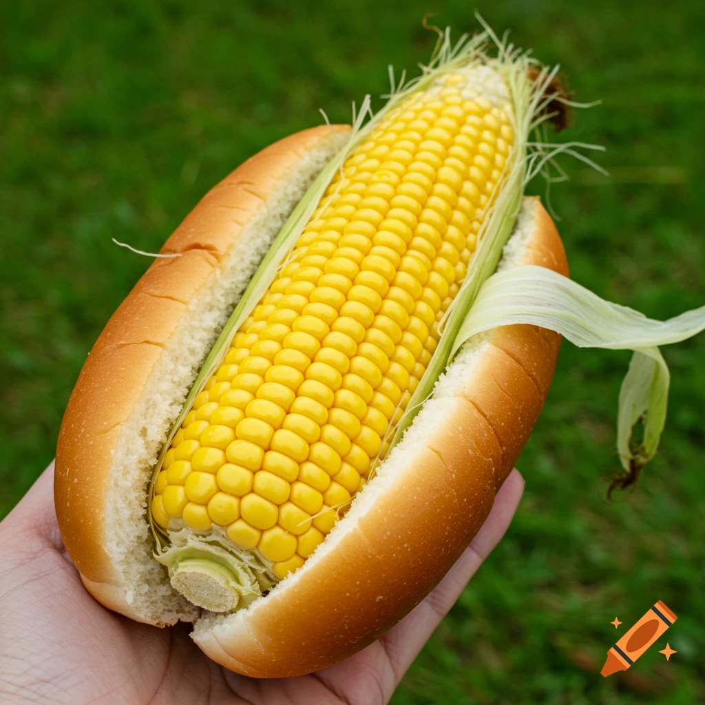 A hand holds an ear of corn placed inside a hot dog bun against a green grassy background.