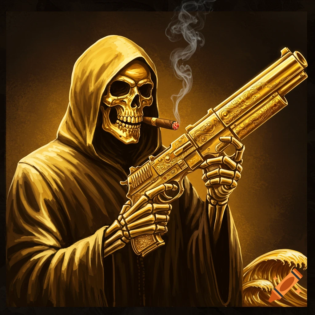 A golden skeletal reaper in a hood smokes a cigar while holding a highly ornate golden gun, with subtle waves at the bottom.