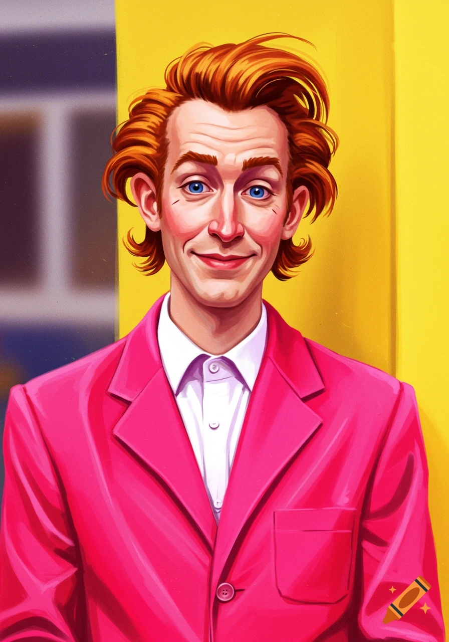 A colorful caricature portrait of a man with red hair and a pink suit.